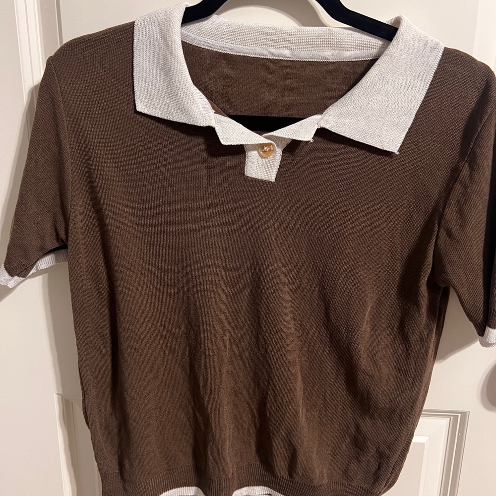 Brown and White Women's Polo Blouse